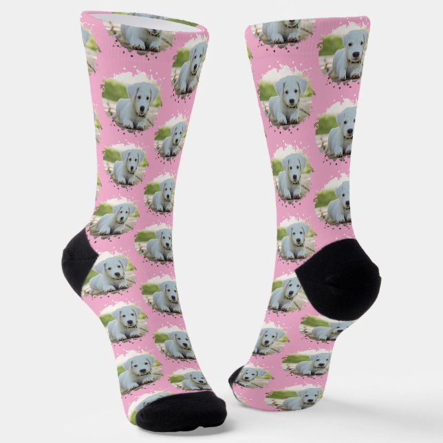 Dog Lovers Personalised Photo Pattern Pink Socks (Angled)