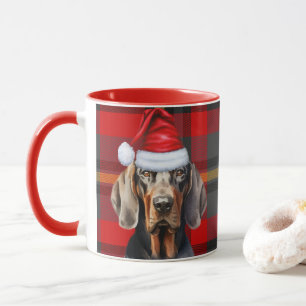 Dog Lover's Red Plaid Black Tan Coonhound Holiday Mug