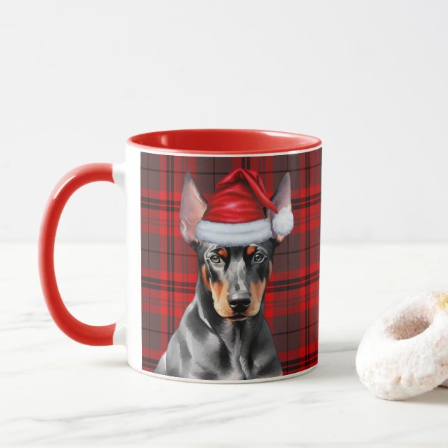 Dog Lover's Red Plaid Doberman Pinscher Holiday Mug (With Donut)