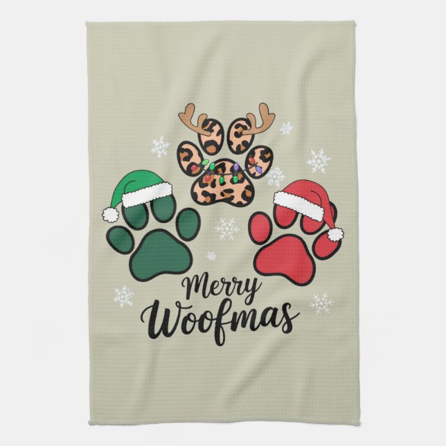 Dog Mama Christmas Merry Woofmas Dog Lover Xmas Tea Towel (Vertical)