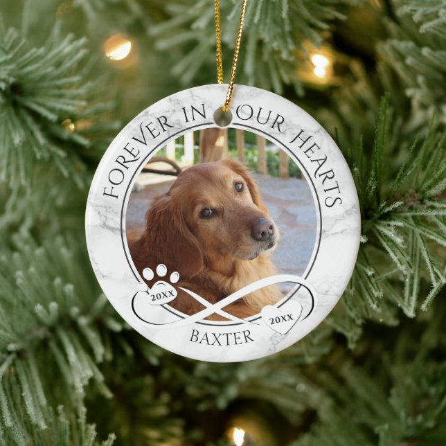 Dog Memorial Forever in Our Hearts Marble Photo Ceramic Ornament (Tree)