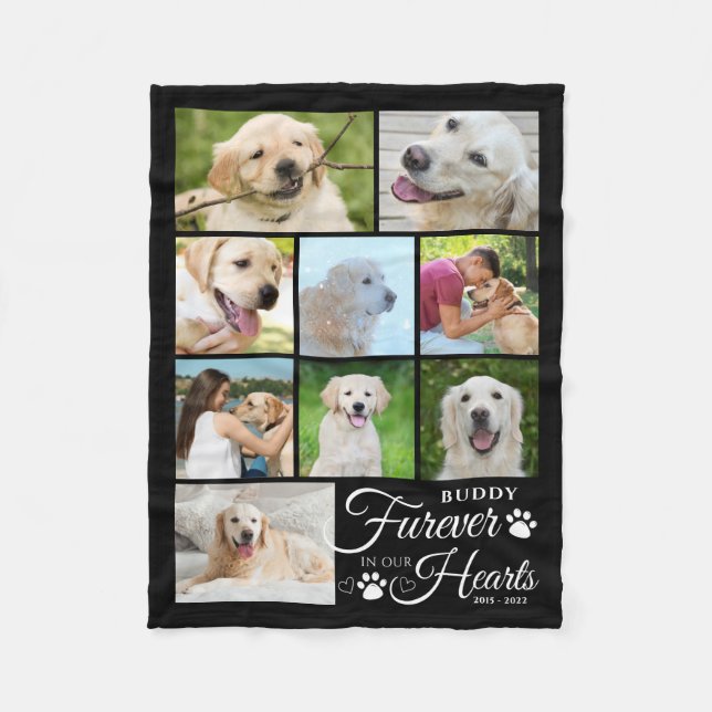 Dog Memorial FUREVER IN OUR HEARTS 9 Photo Collage Fleece Blanket (Front)