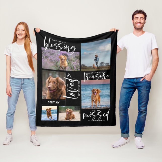 Dog Memorial Gift- Pet Loss Name 6 Photo Keepsake Fleece Blanket (In Situ)
