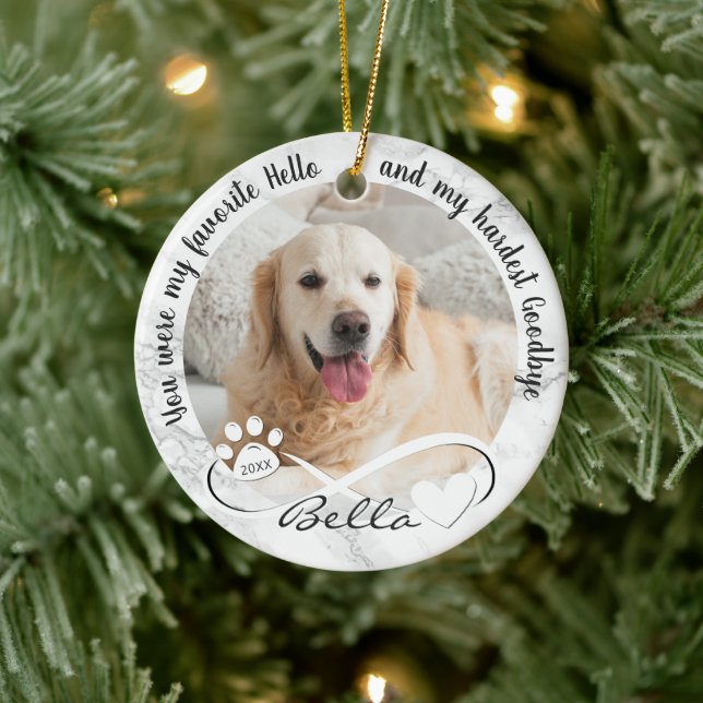 Dog Memorial Quote 2 Photo Pawprint Heart Infinity Ceramic Ornament (Tree)