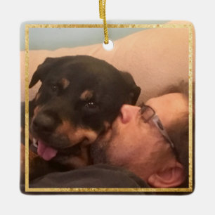 Dog Memorial Square Gold Trim Two Photo Ornament