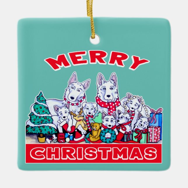 Dog Merry Christmas White Shepherd Holiday GSD Fun Ceramic Ornament (Front)