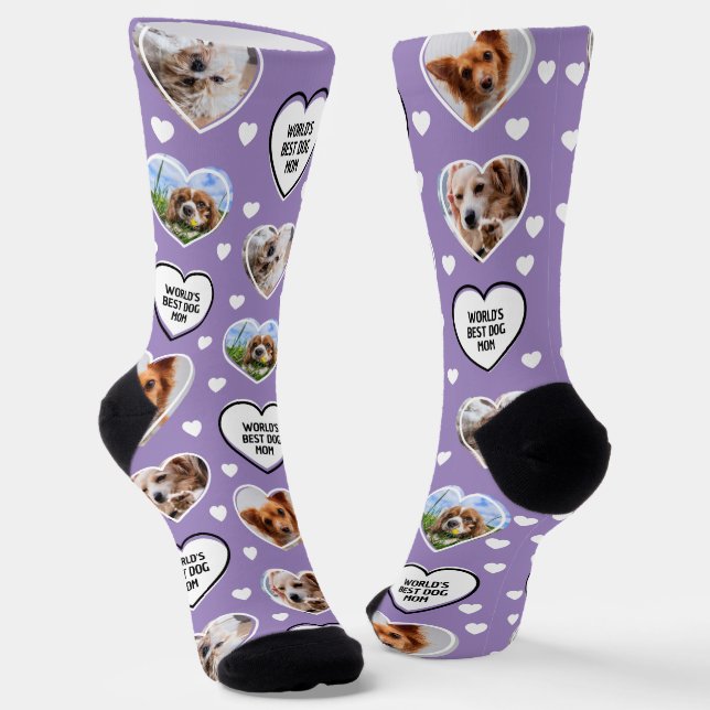 DOG MOM Custom 4 Pet Cat Dog Heart Photo Purple Socks (Angled)