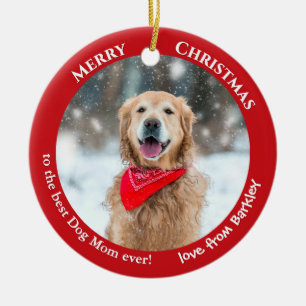 Dog Mom Custom Photo Red Christmas Ceramic Ornament