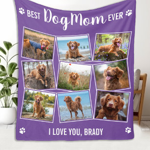 DOG MOM Customised Purple Pet Photo Collage Fleece Blanket