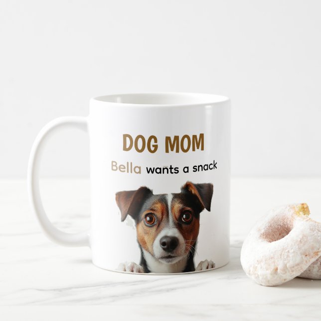 Dog Mom Cute Puppy Coffee Quote Design Coffee Mug (With Donut)