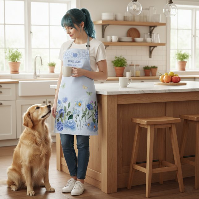 Dog Mom Elegant Floral Blue Personalized Apron (Creator Uploaded)