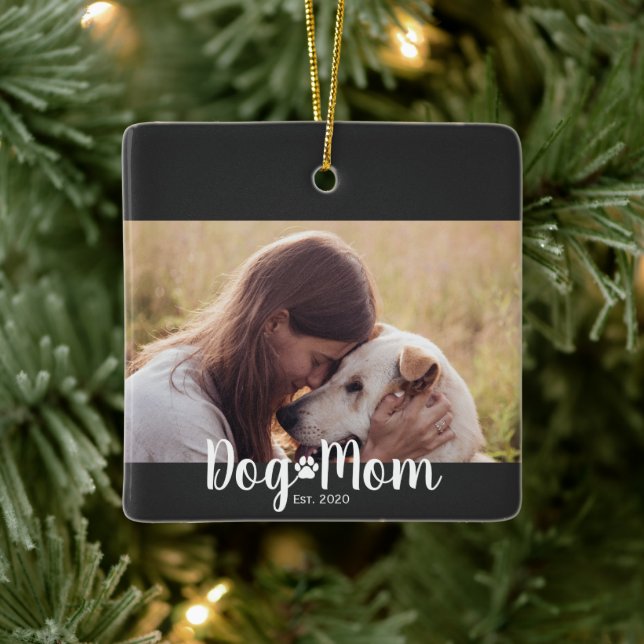 Dog Mom Established Script Photo Ceramic Ornament (Tree)