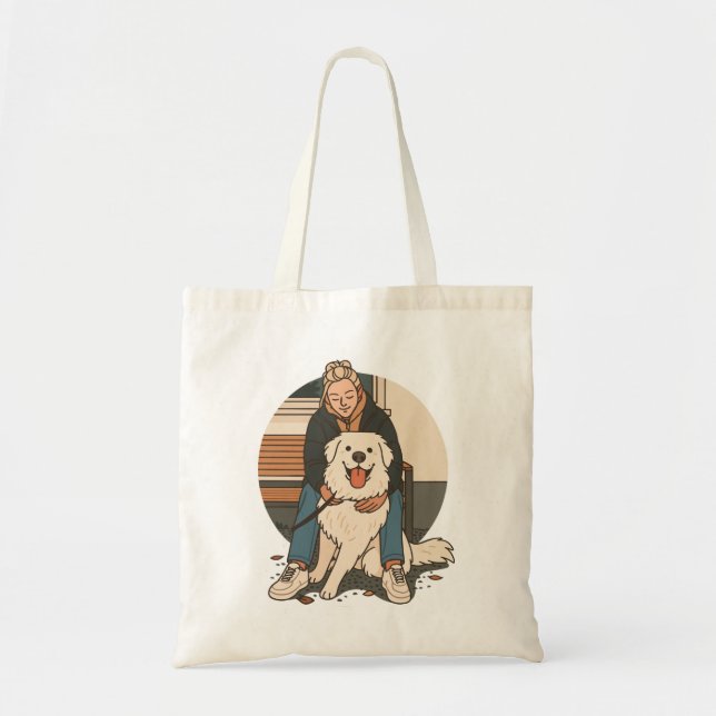 Dog Mom Hugging Fluffy Puppy Cute Pet Moment Tote Bag (Front)