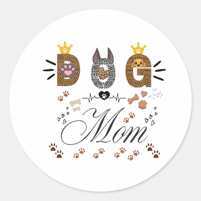 Dog Mom Leopard Print Paw Design/Leopard Dog Mom Classic Round Sticker (Front)