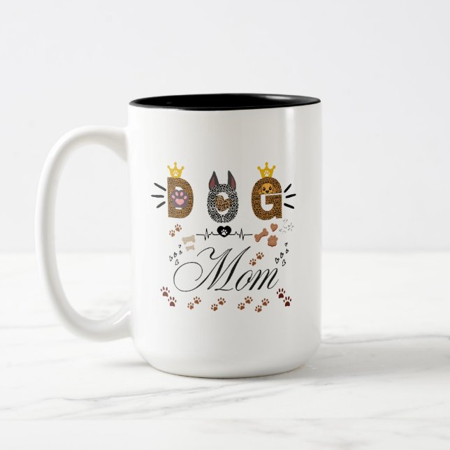 Dog Mom Leopard Print Paw Design/Leopard Dog Mom Two-Tone Coffee Mug (Left)