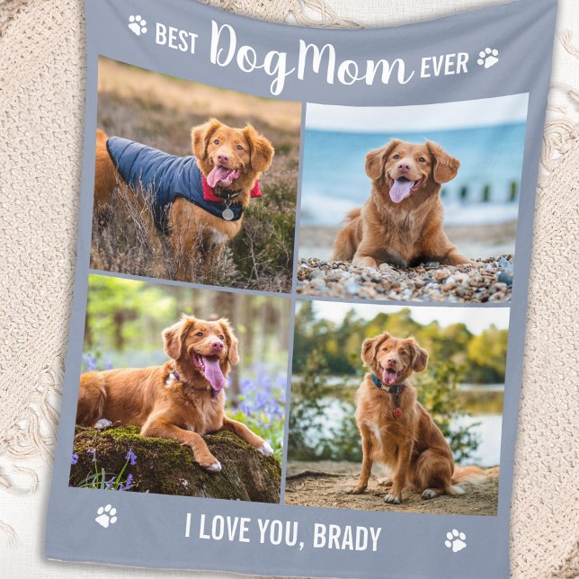 DOG MOM Modern Personalised 4 Photo Collage Fleece Blanket (Creator Uploaded)