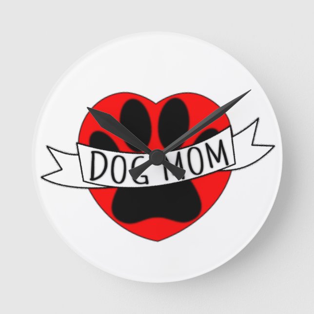 Dog Mom Paw And Red Heart Drawing Round Clock (Front)