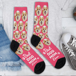 DOG MOM Personalised Chic Pink Pattern Pet Photo Socks