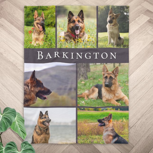 Dog Multi-Photo Collage Pet Keepsake Custom Throw Fleece Blanket (A custom photo blanket featuring 7 of your own pet photos in a collage layout, with your pet's name)