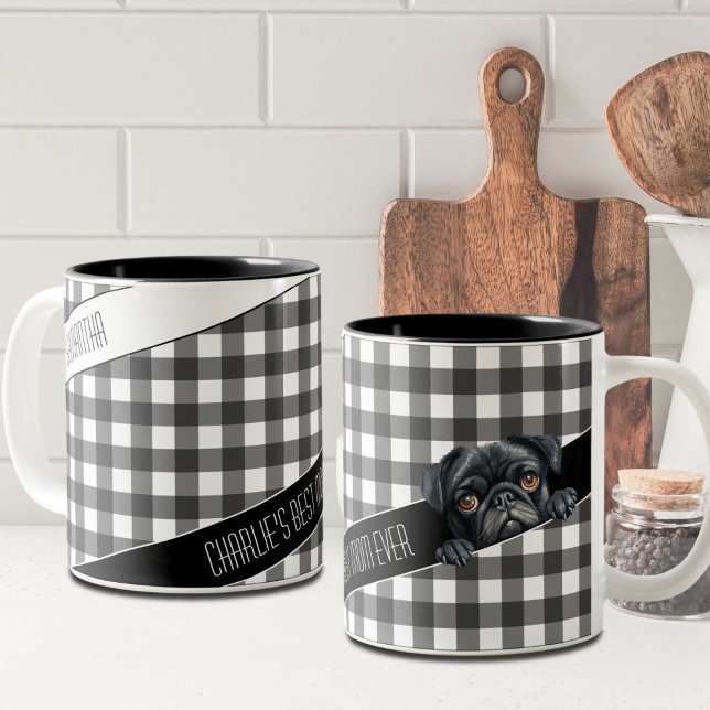 Dog Mum Buffalo Plaid White Black Pug Custom  Two-Tone Coffee Mug (Creator Uploaded)