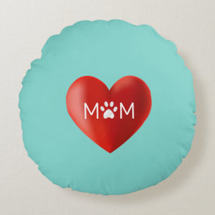 Dog Mum, Cat Mum with Paw & Heart on Teal Round Cushion