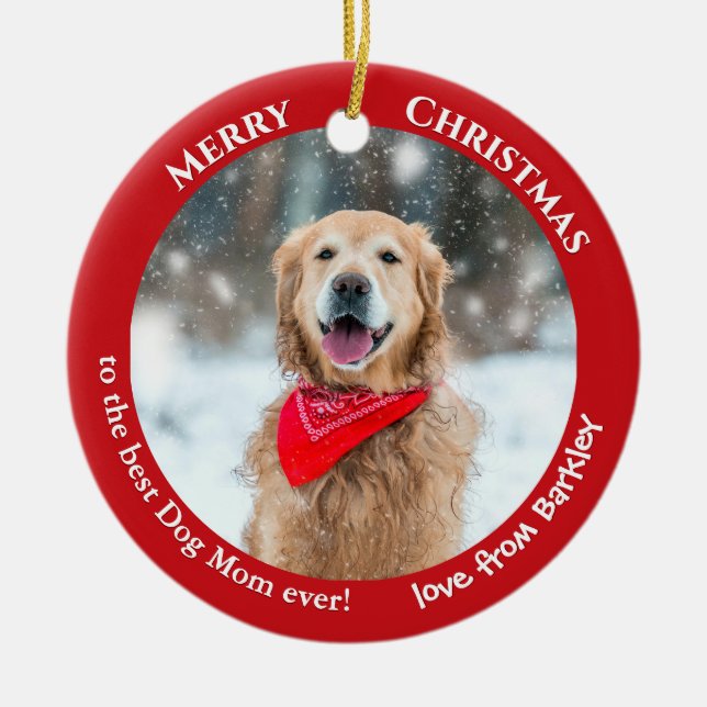 Dog Mum Custom Photo Red Christmas Ceramic Ornament (Front)