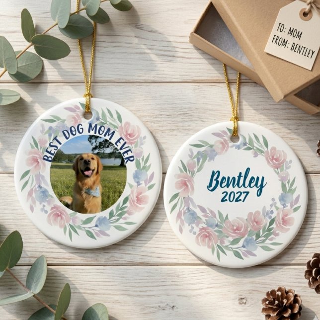 Dog Mum Gift – Floral Pet Lover Keepsake Ceramic Ornament (Best Dog Mom floral watercolor ceramic ornament)