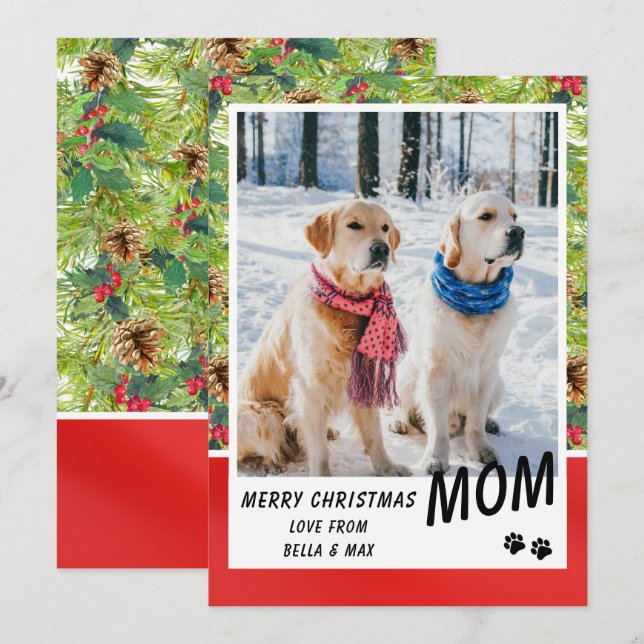 Dog Mum Merry Christmas Modern Pine Floral Photo (Front/Back)