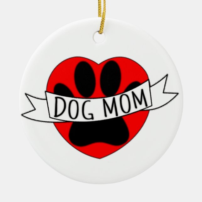Dog Mum Paw And Red Heart Drawing Ceramic Ornament (Front)