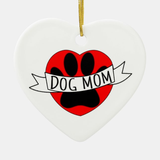 Dog Mum Paw And Red Heart Drawing Ceramic Ornament (Front)
