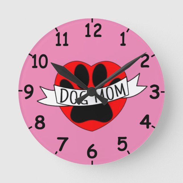 Dog Mum Paw And Red Heart Drawing With Numbers Round Clock (Front)