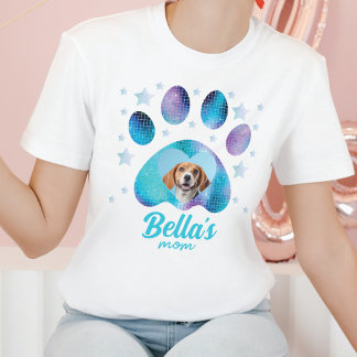 Dog Mum Paw Custom Photo Blue Glitter T-Shirt
