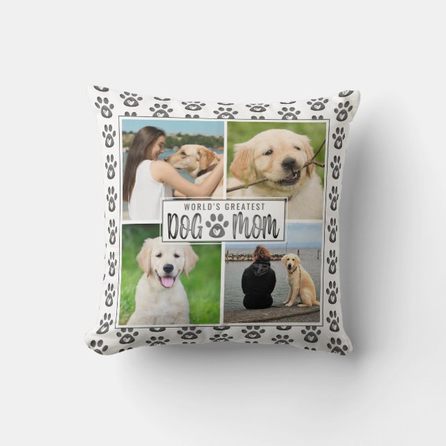 Dog Mum Photo Collage Paw Print Heart Pattern Grey Cushion (Front)