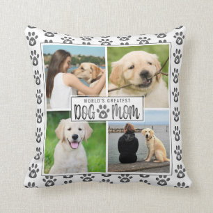 Dog Mum Photo Collage Paw Print Heart Pattern Grey Cushion