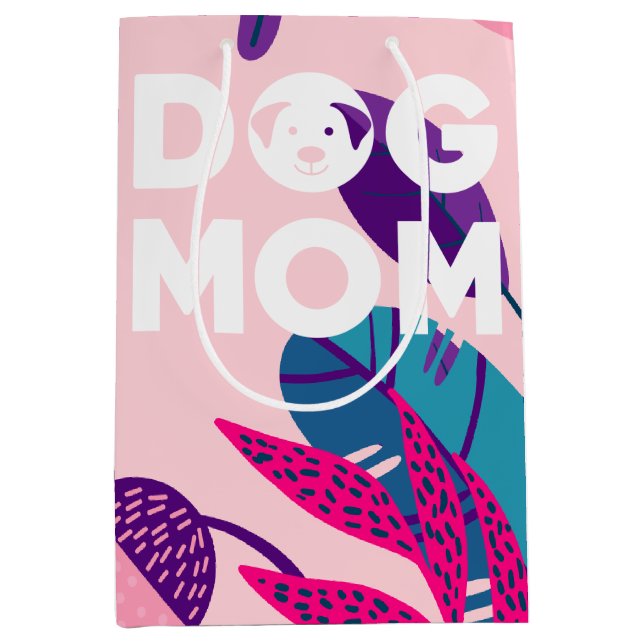 Dog Mum, Pink Flowers & Leaves Medium Gift Bag (Front)