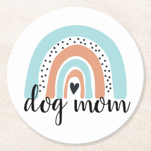 Dog Mum Rainbow Blue Peach Round Paper Coaster