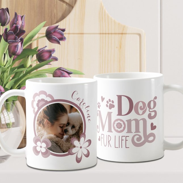 Dog Mum Retro Flowers Blush Pink Custom Photo  Coffee Mug (Creator Uploaded)