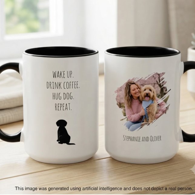 Dog Mum Wake Up Drink Coffee Repeat Mug (Two-tone dog mom photo mug with a funny morning routine quote for a pet lover's birthday gift.)