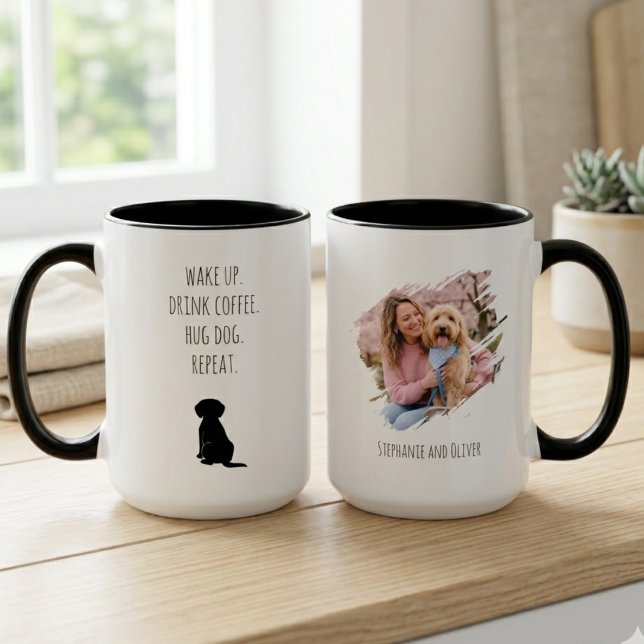 Dog Mum Wake Up Drink Coffee Repeat Mug (Two-tone dog mom photo mug with a funny morning routine quote for a pet lover's birthday gift.)
