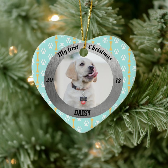 Dog My First Christmas Puppy Photo Name Heart Ceramic Ornament (Tree)