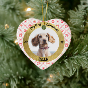 Dog My First Christmas Puppy Photo Name Heart Ceramic Ornament
