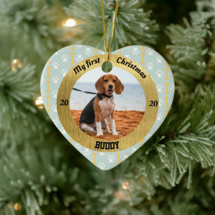 Dog My First Christmas Puppy Photo Name Heart Ceramic Ornament
