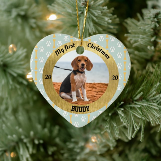Dog My First Christmas Puppy Photo Name Heart Ceramic Ornament (Tree)