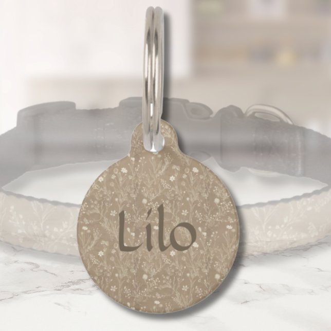 Dog Name ID Tag - Brown Botanical, Personalised   (personalized brown botanicals pet id tag )
