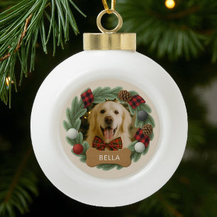 Dog Name Photo Holiday Christmas Custom Plaid  Ceramic Ball Christmas Ornament