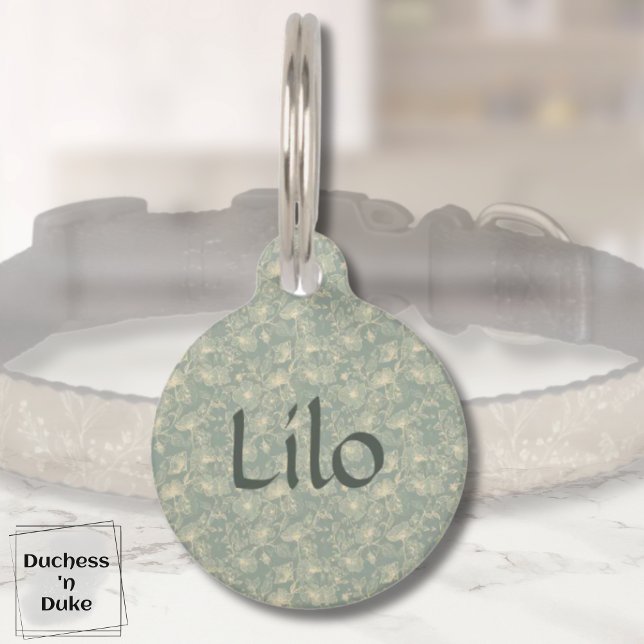 Dog Name Tag - Sage Green Botanical, Personalised  (Personalized Sage Green Botanical Pet Bowl Pet ID Tag with matching collar background)
