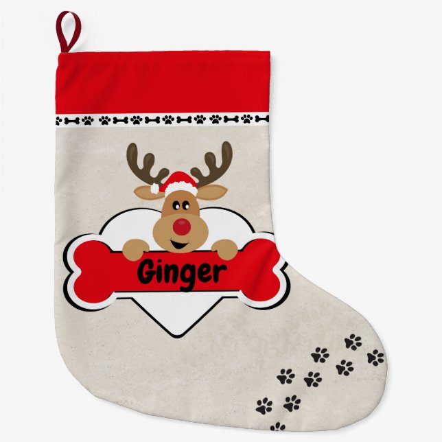 Dog Name with Cute Reindeer off-white Large Christmas Stocking (Front)