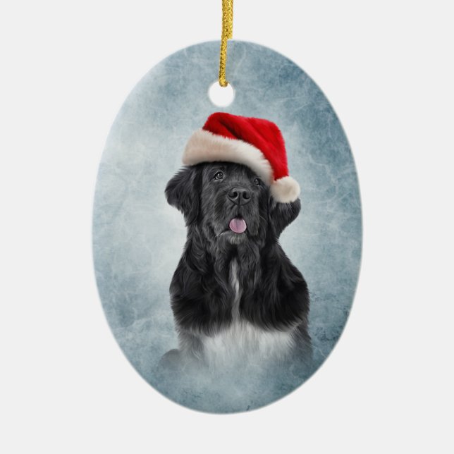 Dog Newfoundland in red hat of Santa Claus Ceramic Ornament (Front)