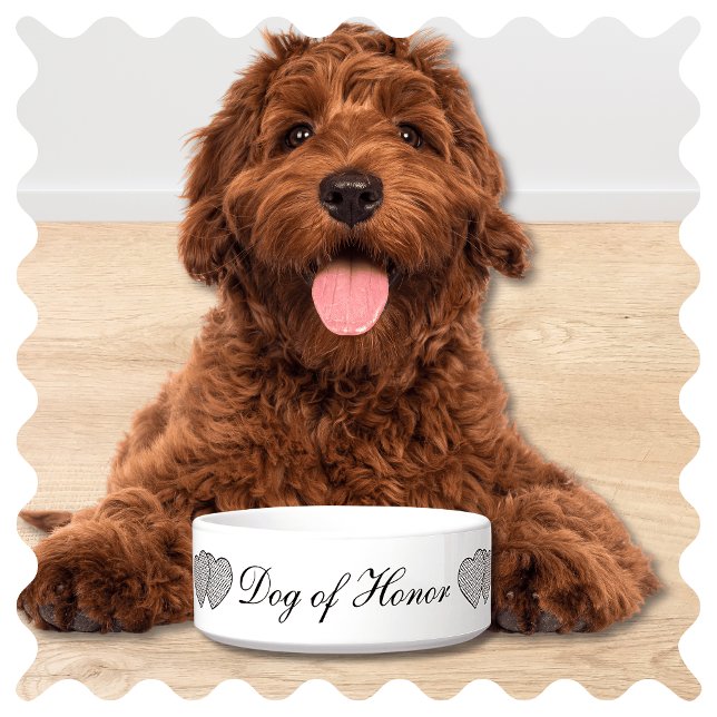 Dog of Honour Wedding Dog Bowl (Cute Dog of Honor Pet Bowl. Custom Dish in Elegant Script and Modern White and Black Design)