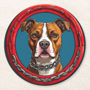 Dog on a blue background with chains round paper coaster